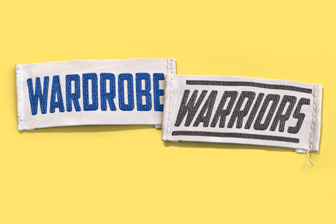 Clothing labels showing the words Wardrobe Warriors