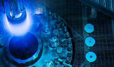 Submerged nuclear reactor with blue glow