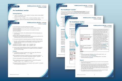 Previews of the Breathalyser reaction student worksheet, teacher and technician notes on a blue background