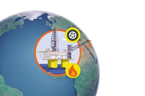 An image of an oil rig linked to Saudi Arabia on a globe