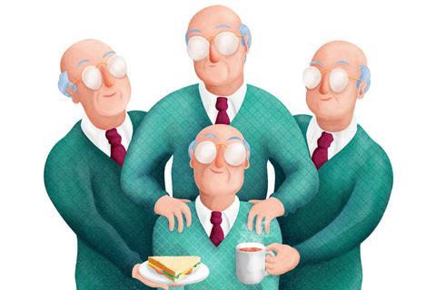 A cartooon man being looked after by three identical versions of himself