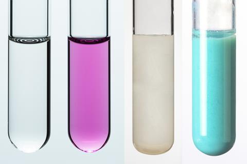 Four test tubes containing different liquids: clear and colourless; pink and clear; white and opaque; blue and opaque
