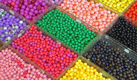 A number of different mixtures of different coloured beads