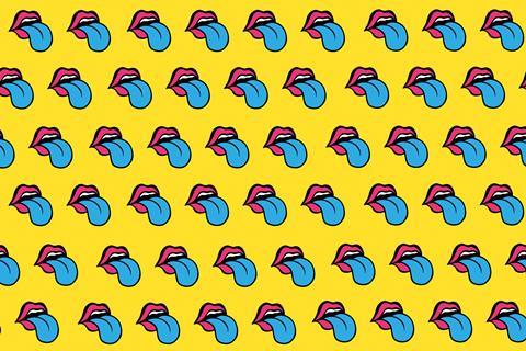 An image showing a pop art style wallpaper, repeated images of a blue tongue sticking out of red lips, to illustrate an article on flavour chemistry