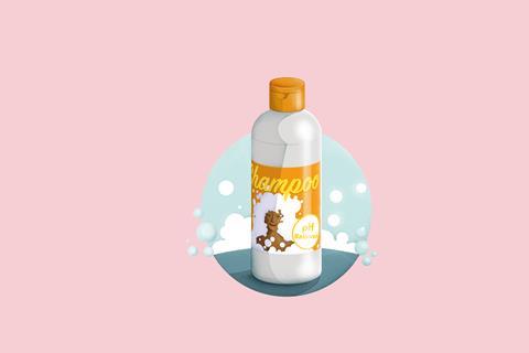 A cartoon of a bubbly bottle of shampoo with a label that says pH balanced