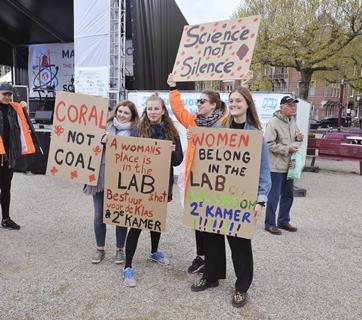 Young women in the Netherlands protesting in support of science
