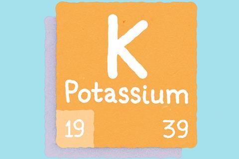 The periodic table entry for Potassium - its symbol is K, its atomic number is 19 and its atomic mass is 39