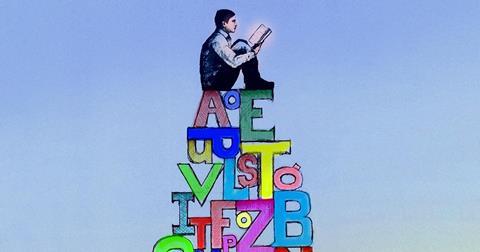 An illustration showing a male student reading a book and sitting on a pile of letters