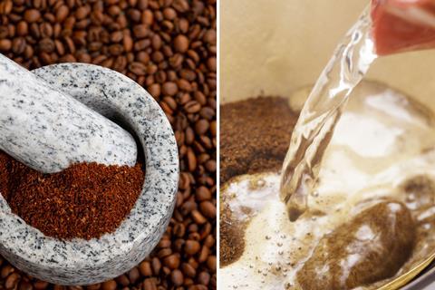 Grinding coffee beans with a pestle and mortar and pouring hot water onto ground coffee in a filter paper