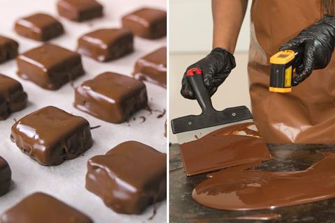 Freshly made chocolates and a chocolatier measuring the temperature of melted chocolate as it tempers on a granite surface