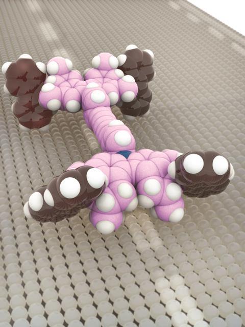 Molecular model of a molecular car, a type of molecular machine. The car is a single, small, organic molecule. It has four wheels, made from the polycyclic hydrocarbon fluorene (in brown), which rotate about a C=C (carbon) double bond axle (in pink) using