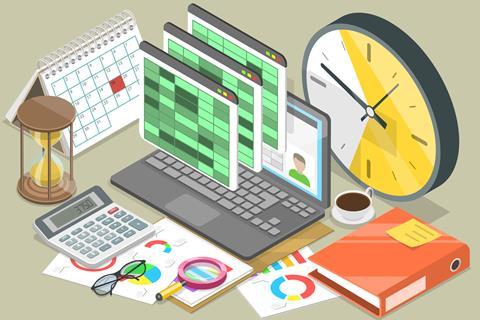 An illustration of a laptop running spreadsheets with clocks and a calculator around it.