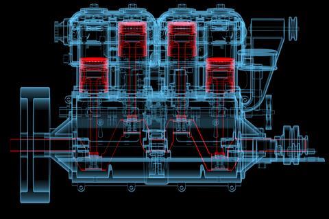 A schematic of a car engine highlighting the pistons and crank shaft