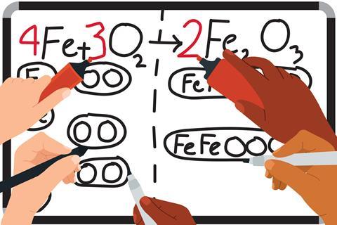 hands writing on a white board to balance a chemical equation