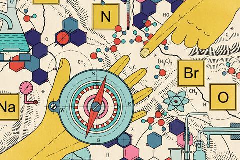 A schematic style cartoon of a hand using a compass to navigate a map of chemistry teaching with another hand pointing the way.