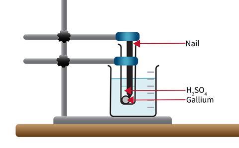 A diagram of chemistry equipment set up with a test tube holding gallium and acid in a water bath