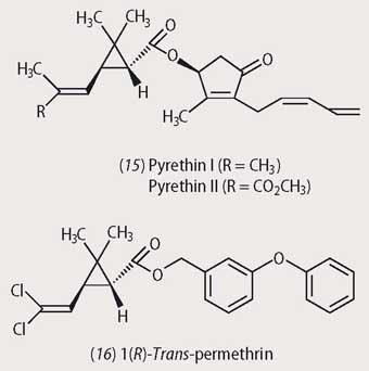 Structures or pyrethin I and II and i(R)-trans-permethrin