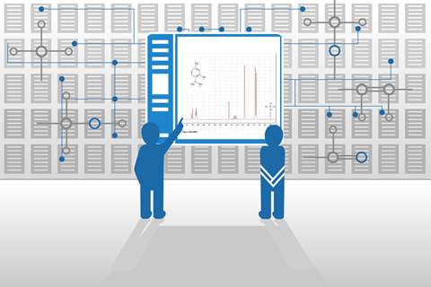 Two characters thinking about an NMR on a screen and the bonds it can represent