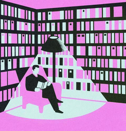 A man in a pink library