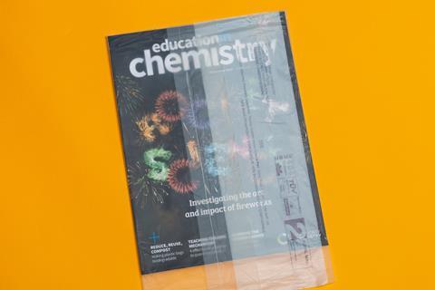 An image showing the September issue of Education in Chemistry in its compostable packaging