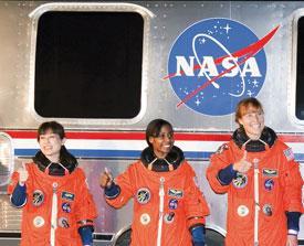 April 2010 Naoko Yamazaki, Stephanie Wilson and Dorothy Metcalf-Lindenburger about to board the Discovery space shuttle