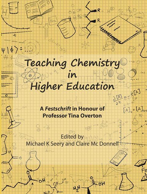 Yellow cover with illustrations of chemistry related equipment for the book, Teaching chemistry in higher education