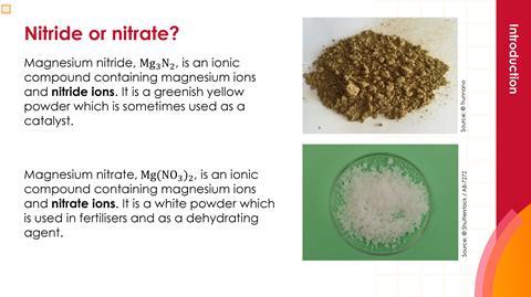 Writing ionic formulas presentation slide: nitride or nitrate?
