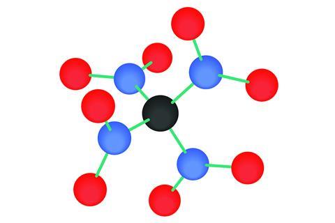 Tetranitromethane CN4O8 molecule isolated on white