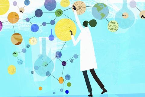 A scientist making connections on an organic structure