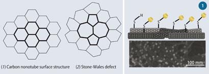 Structures of (1) carbon nanotube surface and (2) Stone-Wales defect; Figure 1 (Top) Unreacted thiol group attached to a CNT; (bottom) gold nanocrystals attached to mat surface group