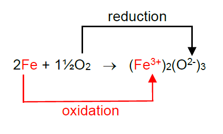 Simultaneous oxidation and reduction during the reaction of iron and oxygen to form iron oxide.