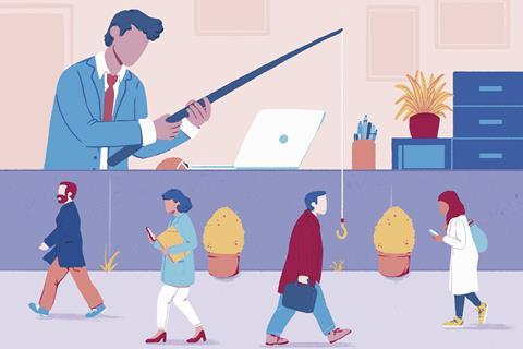 A cartoon of an oversized man in an office using a fishing rod to try and catch small people walking by in the street