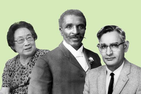 A collage of three scientists: Tu Youyou, George Washington Carver and Har Gobind Khorana