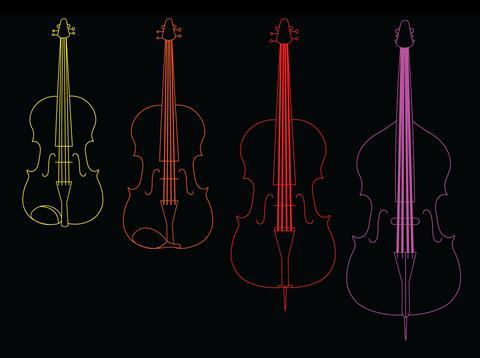 An image showing the increasing string thickness of a violin, viola, cello and bass
