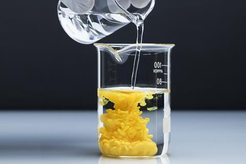 Pouring one clear liquid into another creates a yellow precipitate