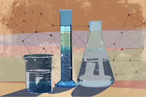 An illustration showing science beakers