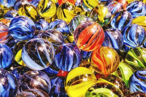 A mix of coloured glass marbles