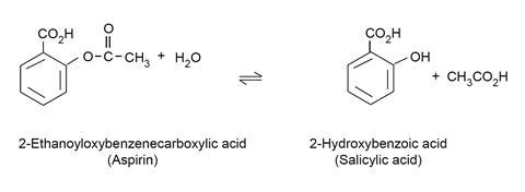 A chemical equation with diagrams illustrating the structures of aspirin and salicylic acid