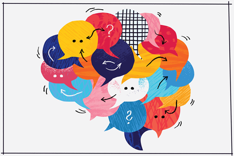 A brain made of colourful speech bubbles that include electron pairs and curly arrows