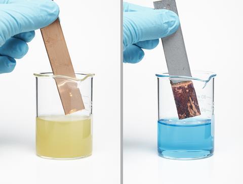 An image showing copper and iron in iron sulfate solutions