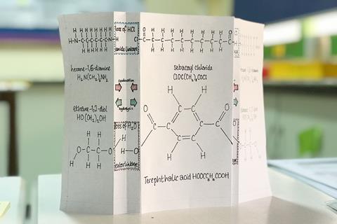 A paper with organic chemistry equations on folded to show how bonds are formed