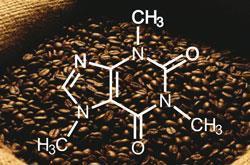 The chemical structure of caffeine on a bag of coffee beans