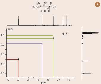 Figure 4 - 13C-1H COSY spectrum of isoleucine with one dimensional 13C- and 1H-nmr spectra superimposed on horizontal and vertical axes respectively