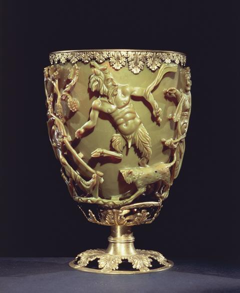 A 4th century glass cup depicting a king stuck in vines