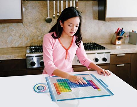 A student with a periodic table in the kitchen