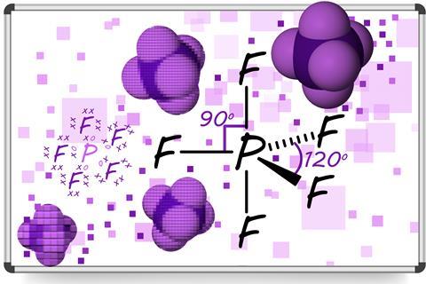 A whiteboard used to workout the 3d structure of phosphorus pentafluoride