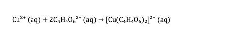 A chemical equation showing aqueous copper forming an aqueous complex with aqueous tartrate