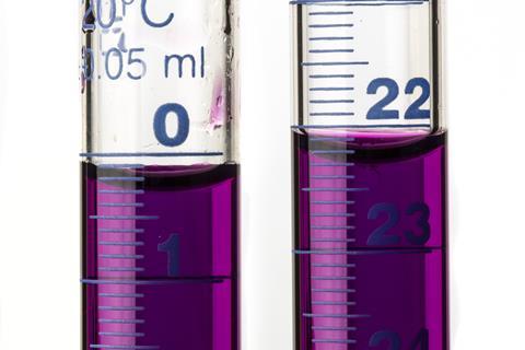 Close up of the surface a purple liquid in two burettes showing the dip of the meniscus - on reads 0.3 ml before the titration and the other reads 22.3 ml after the titration