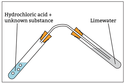 A diagram of an experiment of two interconnected test tubes, one with hydrochloric acid and an unknown substance producing bubbles with are going through the limewater in the other test tube turning it grey
