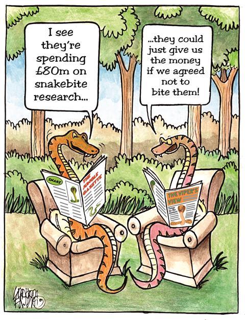 A cartoon showing two snakes chatting about snakebite research while each holding a newspaper